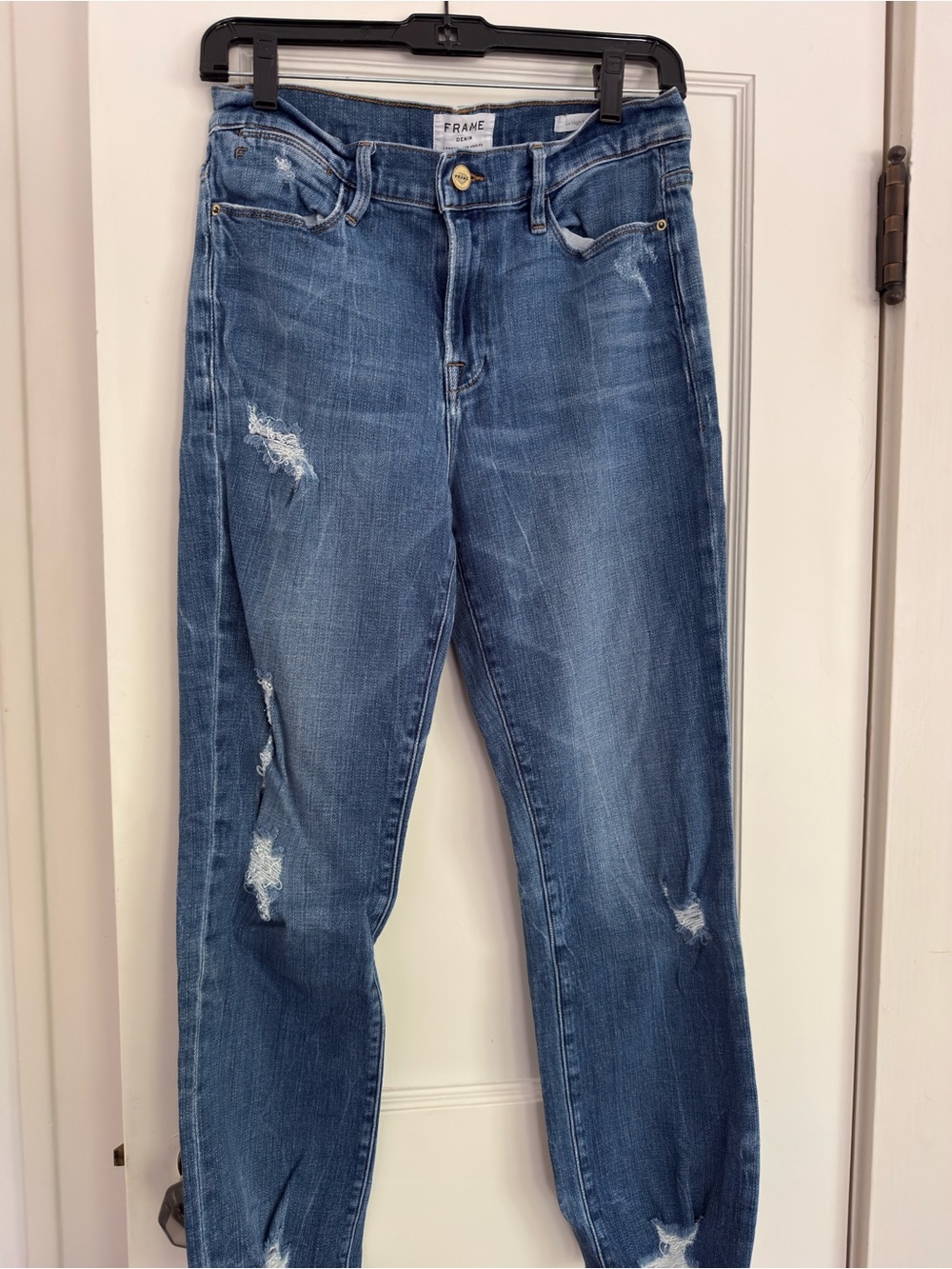 Frame Le High Straight Jeans in Medium Blue with Distressed Detailing